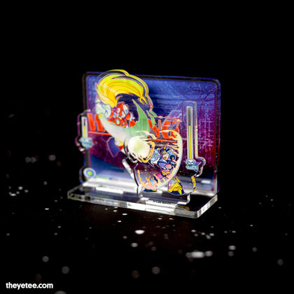 Acrylic standee shows Mega Man character X standing off to enemy Zero