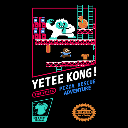 Black tee shirt with pixelated design centered on chest. In a retro construction site, protagonist must dash and jump across platforms while steering clear of the Yetee to rescue their beloved pizza. 