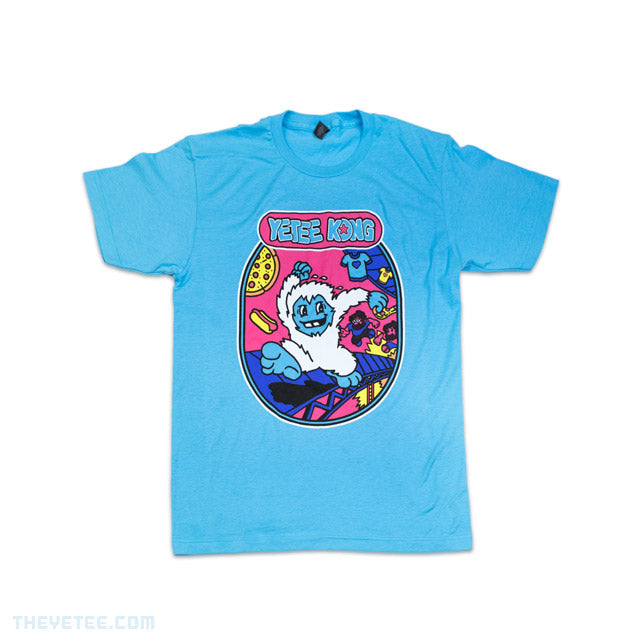 Aqua tee shirt. Design is centered. Running though a retro construction site, co-founders Mike and Glen chase down the Yetee who stole a pizza.  - Yetee Kong
