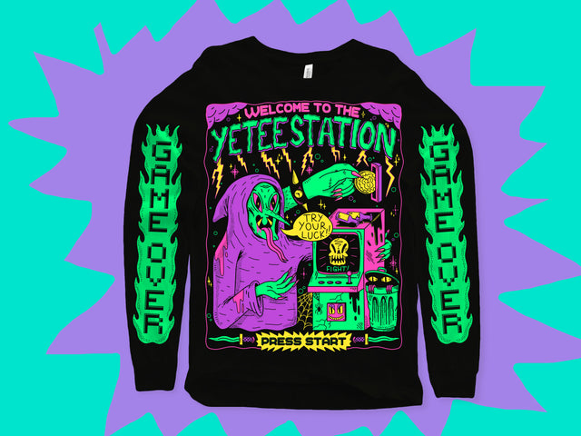 Black longsleeve with three print locations. Both sleeves say "Game Over" plus a green pointy-nosed wizard on the front.  - Welcome to the Yetee Station Longsleeve