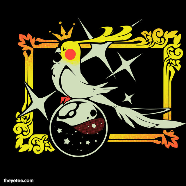 Black canvas tote bag shows a cockatiel with crown purchased in front of gold frame   - Libertad