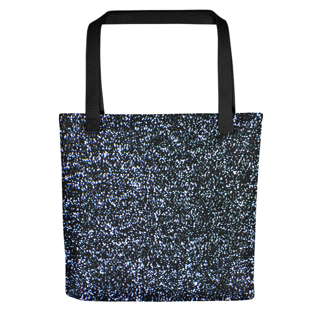 Polyester tote bag with black dual handles. Fabric pattern resembles the random dot pixel pattern of television static.  - Video Tote