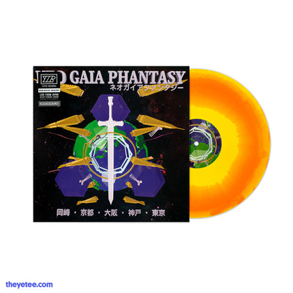 Side by side photo of vinyl sleeve art and record pressed on "Gaia's Core" orange and yellow vinyl.