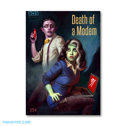 Vicky's laptop has the no wifi logo while Liam's phone also has no signal. Yellow text above Vicki reads "Death of a Modem". 