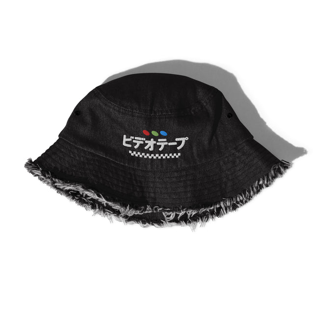 Black denim looking bucket hat with distressed brim. Has Bideo logo embroidered on the front - Video Tape Denim Bucket Hat