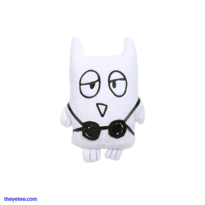 A rectangular white owl with half-open eyes wearing a string bikini top 