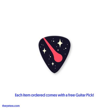 Navy blue guitar pick with white stars and a red meteor heading downward.