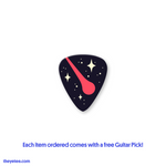 Navy blue guitar pick with white stars and a red meteor heading downward. - They/Them Patch