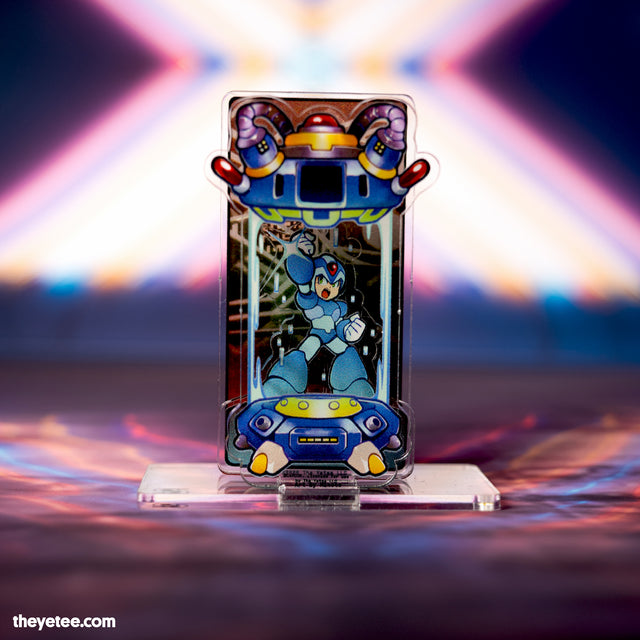 Flat Acrylic Stand shows Mega Man standing with fist up with ship hovering above - Light Capsule