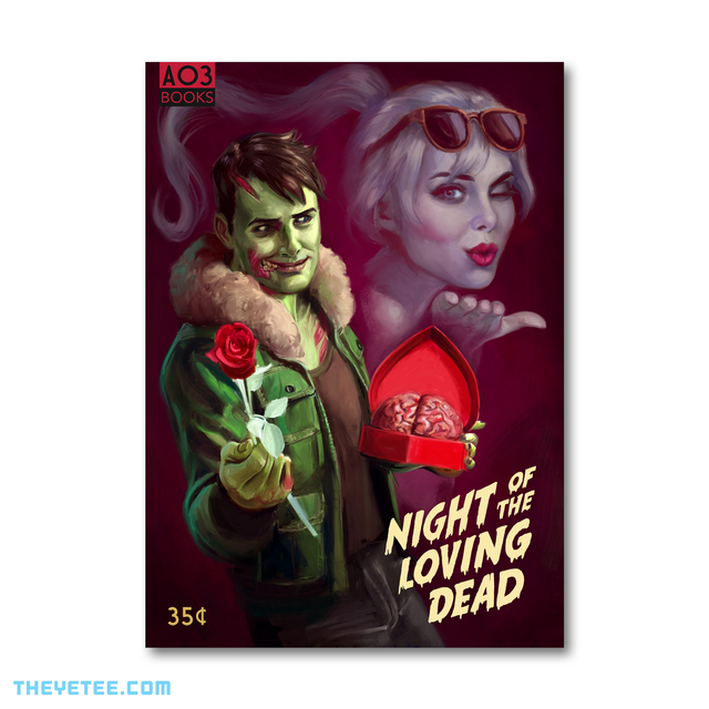 Brian holds a rose and heart shaped box with a brain inside in the foreground. Polly in the background blows a kiss. - Night of the Loving Dead