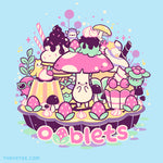 Aqua tee shirt. Shrumbo standing on a tart. Tart is lined with strawberries and filled with sweet treats. Also present are Whirlitzer, Petula, ClickyClaws, and Pantsabear hiding amongst the treats. - Oobakery