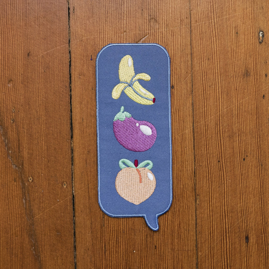 Sext Patch | Iron on patch of blue text bubble with banana, eggplant, peach emojis
