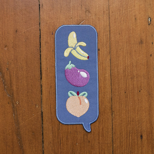 Iron on patch of blue text bubble with banana, eggplant, peach emojis - Sext Patch