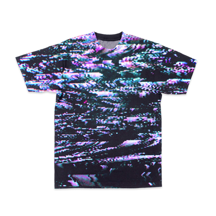 Crewneck tee shirt with all-over random dot pixel pattern of black, pink and green static.