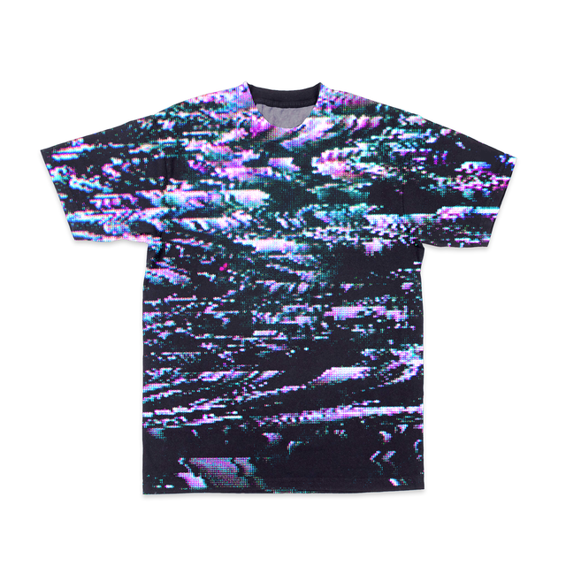 Crewneck tee shirt with all-over random dot pixel pattern of black, pink and green static. - VHS Glitch-Tee